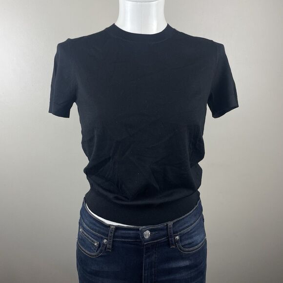 Theory Women Petite Black Regal Short Sleeve Wool Sweater Soft Classic Luxury - Picture 1 of 6